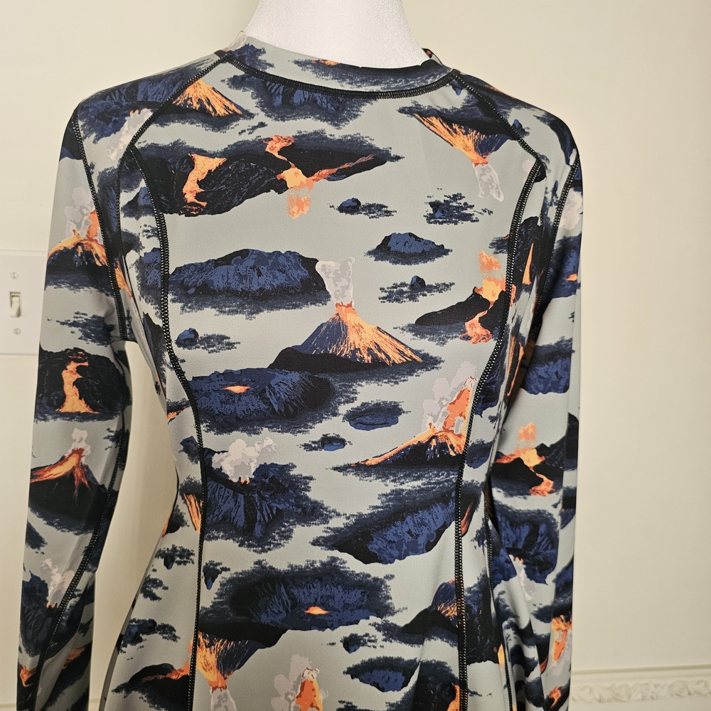 Hot Lava Volcano Print Dress Long-Sleeve Scuba Skater Y2K '90s Fit & Flare Small - Picture 2 of 10